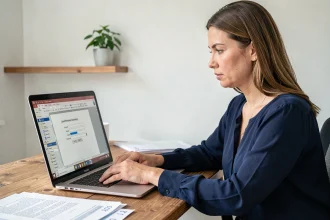 Femme travaillant sur LibreOffice Writer pour numéroter les pages d'un rapport professionnel