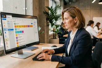 Femme professionnelle organisant ses emails avec des filtres automatiques sur un ordinateur de bureau en open space