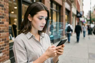 Jeune femme utilisant la réalité augmentée sur son smartphone en ville avec des éléments holographiques flottants