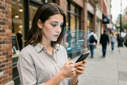 Jeune femme utilisant la réalité augmentée sur son smartphone en ville avec des éléments holographiques flottants