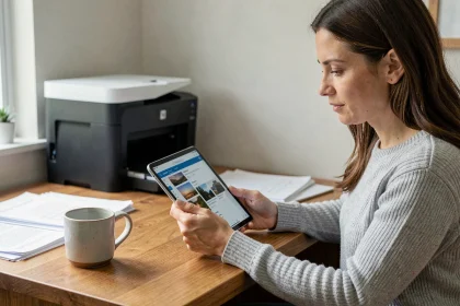 Femme connectant une tablette à une imprimante sans fil depuis son bureau à domicile