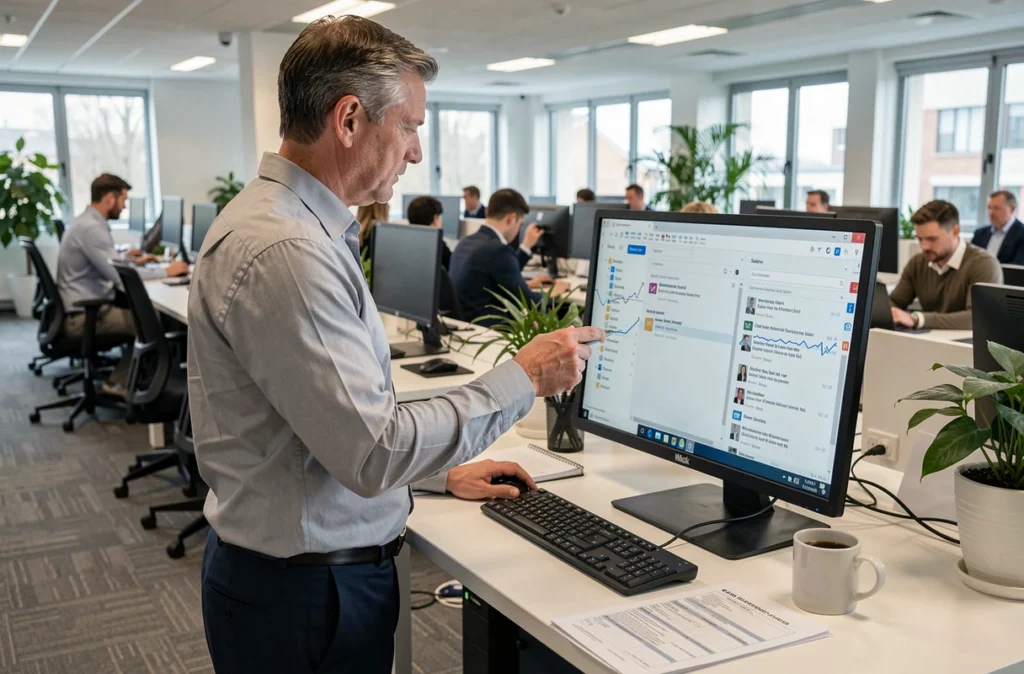 Fonctionnaire masculin consultant sa messagerie Melanie 2 web sur un grand écran dans un open-space administratif