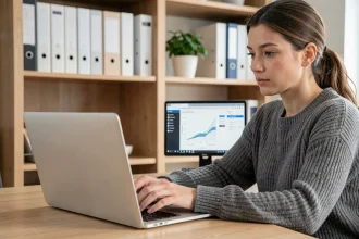 Femme gérant l'espace disque de son ordinateur portable dans un bureau à domicile bien organisé