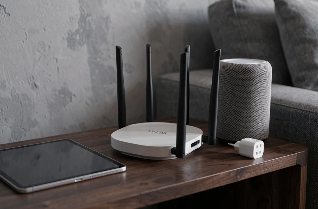 Gros plan d'un routeur Wi-Fi 6 entouré d'appareils connectés sur une table en noyer dans un salon, écosystème réseau domestique