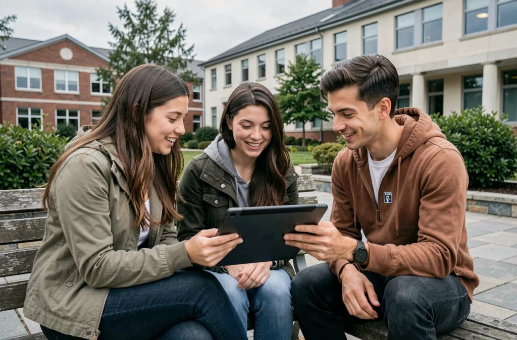 Groupe d'étudiants de l'UHA collaborant autour d'une tablette pour accéder aux nouveaux services numériques Eservice 2026 sur le campus