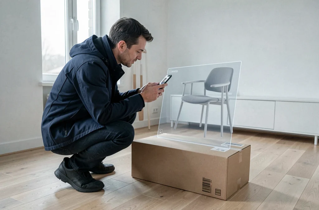 Homme utilisant la réalité augmentée pour visualiser des meubles en 3D dans son salon via une application mobile