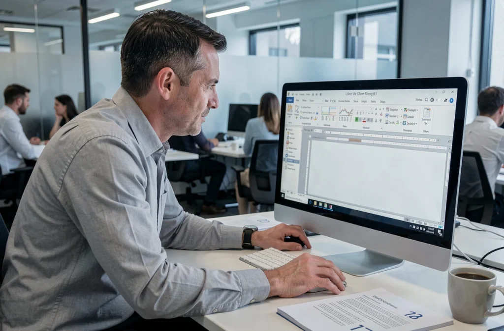 Homme en bureau professionnel configurant la numérotation automatique des pages dans LibreOffice