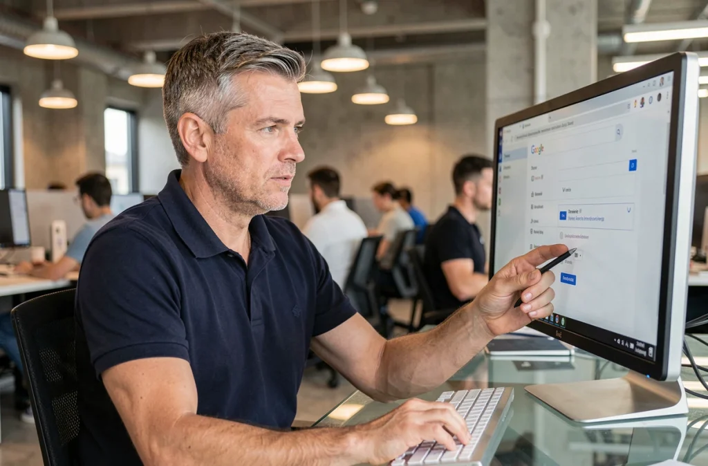 Homme en bureau professionnel configurant le filtre SafeSearch de Google sur un grand écran d'ordinateur