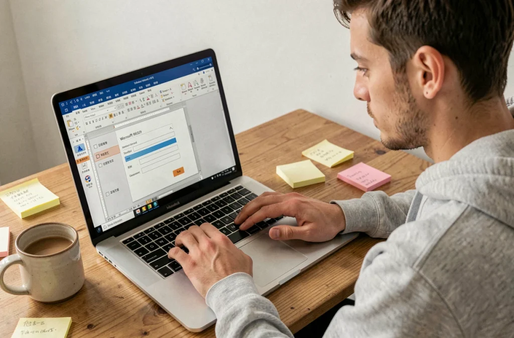 Jeune homme configurant des champs de formulaire interactif dans Word sur un ordinateur portable à domicile
