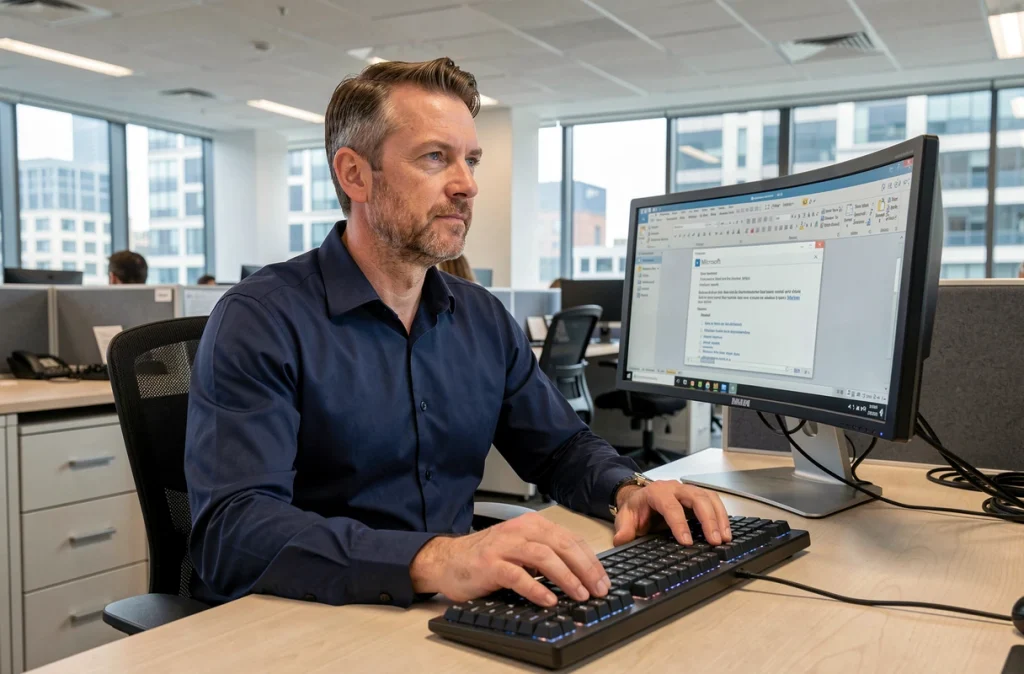 Homme en entreprise utilisant des raccourcis clavier Microsoft Word sur un clavier mécanique avec un moniteur externe