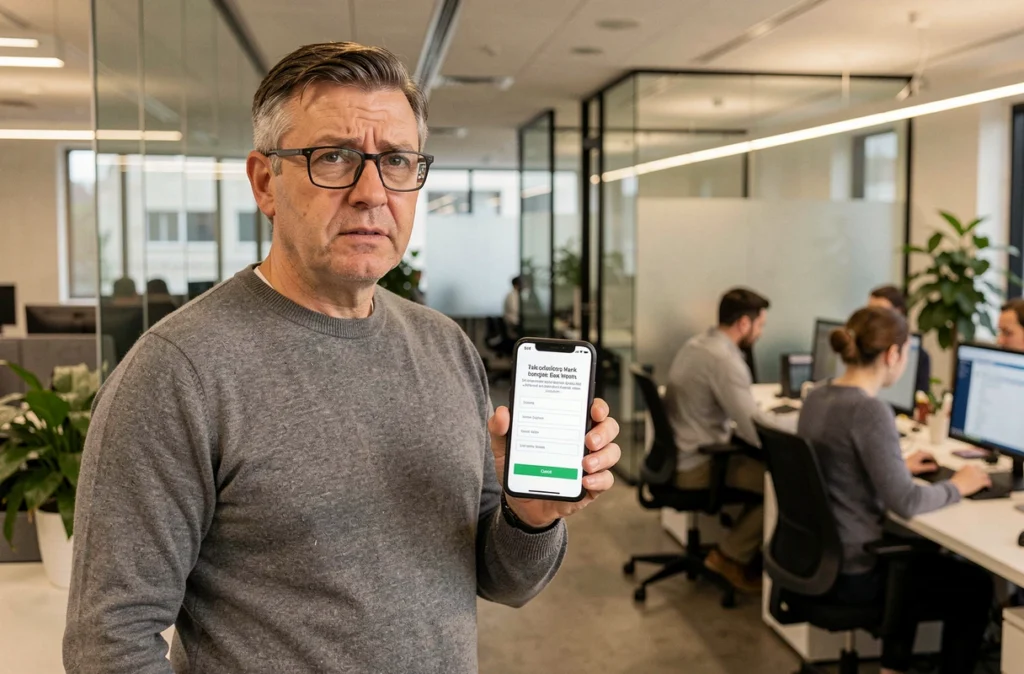 Homme en open space regardant une alerte de phishing sur son smartphone