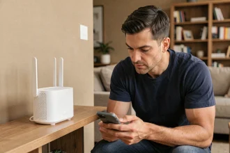 Homme examinant un routeur Wi-Fi 6 dans un salon moderne, illustrant les nouvelles technologies réseau domestique