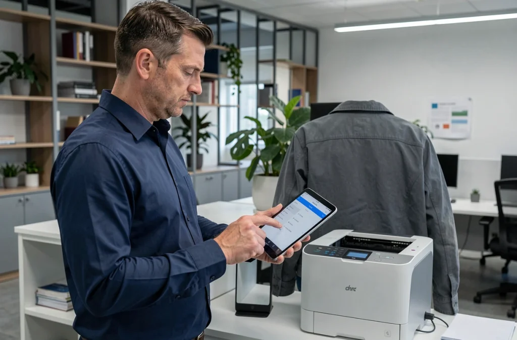 Homme configurant la connexion wifi d'une tablette vers une imprimante dans un bureau professionnel