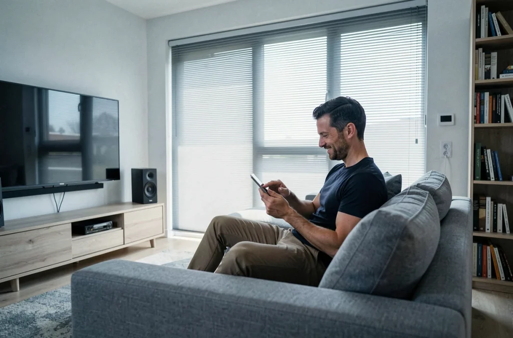 Homme contrôlant les objets connectés de son salon via une tablette