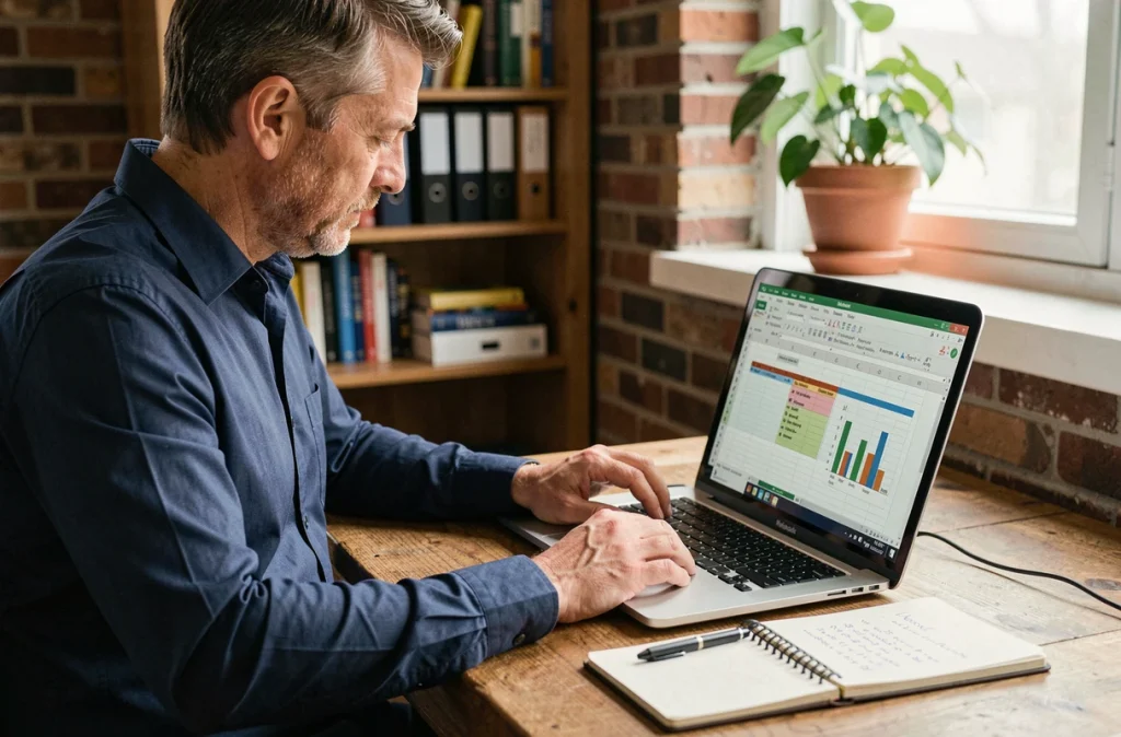 Homme en télétravail analysant un tableau croisé dynamique Excel avec des graphiques et des notes manuscrites à son bureau domicile