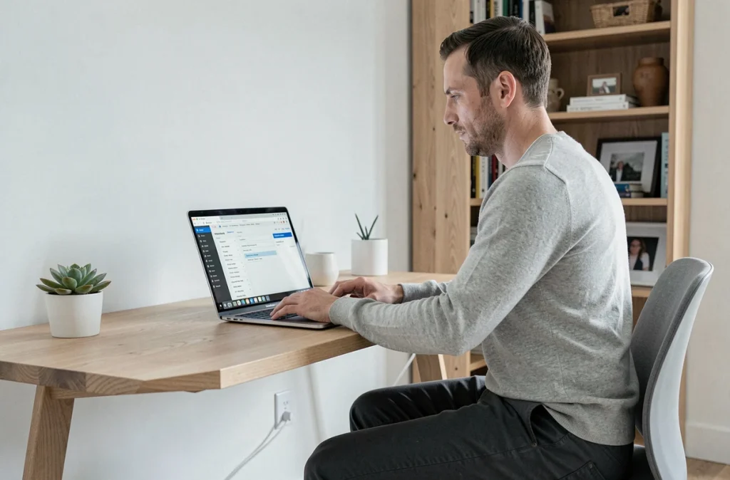 Homme en télétravail configurant des filtres automatiques dans sa messagerie professionnelle depuis un bureau à domicile