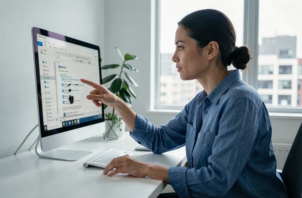 Une femme identifie un fichier de marques-pages Firefox corrompu dans un gestionnaire de fichiers sur un ordinateur de bureau