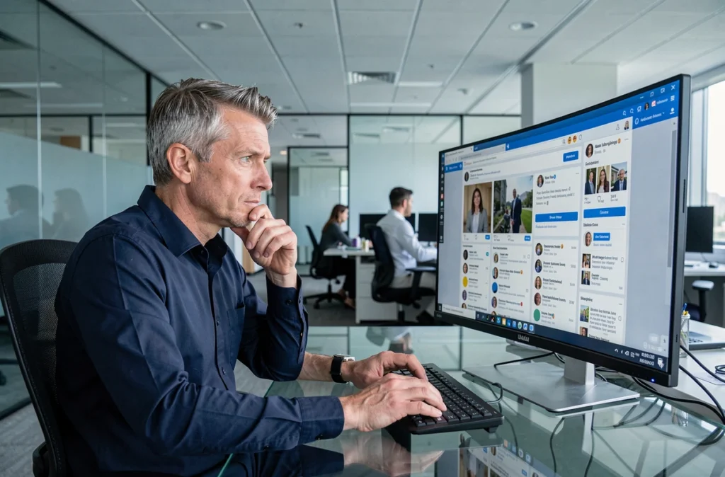 Homme en environnement professionnel consultant des profils de réseaux sociaux via une recherche par photo sur ordinateur