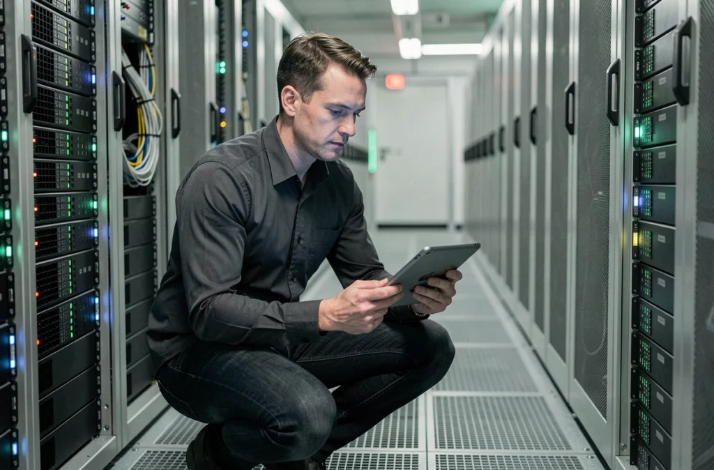 Ingénieur informatique inspectant des serveurs dans un datacenter d'entreprise pour une infrastructure cloud hybride