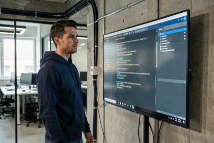 Ingénieur logiciel analysant un tableau de bord de déploiement de conteneurs Docker sur un écran mural dans un bureau tech moderne