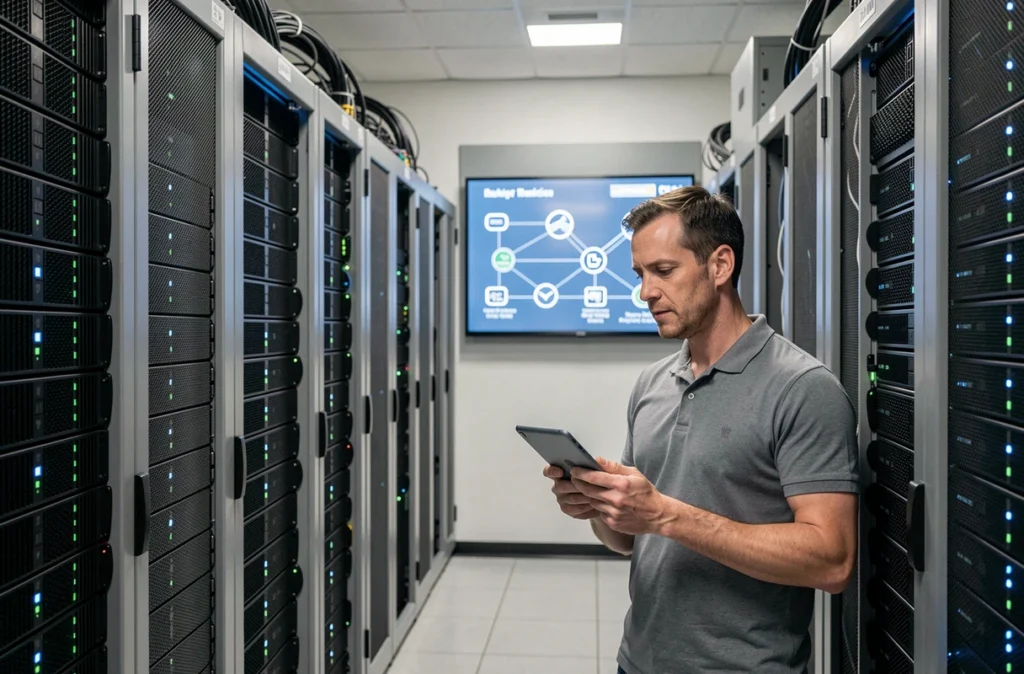 Ingénieur infrastructure en salle de serveurs examinant une architecture de microservices conteneurisés sur un écran de visualisation
