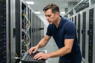 Ingénieur informatique travaillant sur des serveurs en rack dans un centre de données professionnel