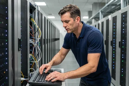 Ingénieur informatique travaillant sur des serveurs en rack dans un centre de données professionnel