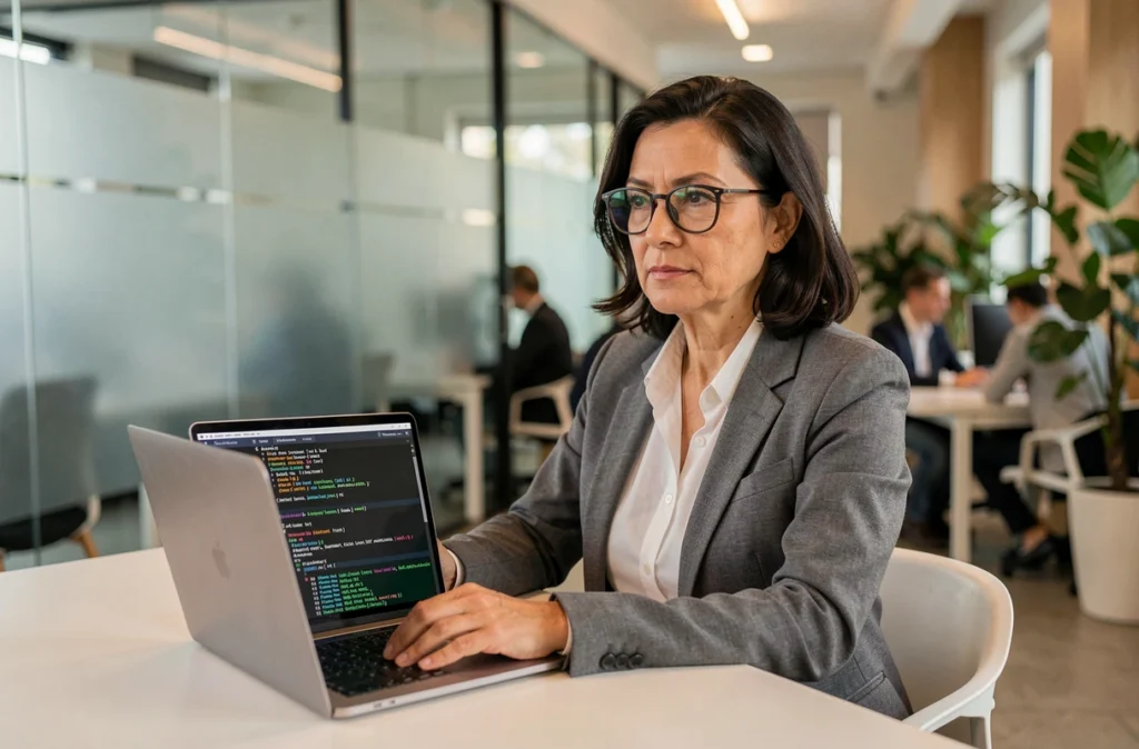 Ingénieure logicielle analysant des signatures de logiciels malveillants sur un ordinateur portable dans un bureau moderne