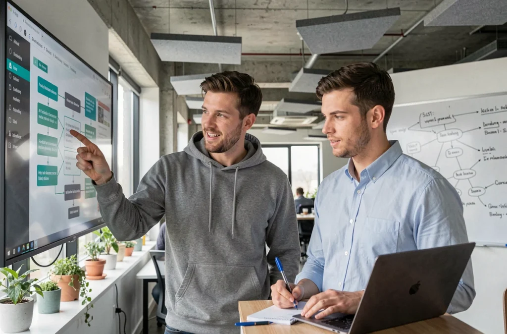Deux ingénieurs informatiques collaborant devant un écran affichant un workflow d'intelligence artificielle pour la maintenance prédictive en open space