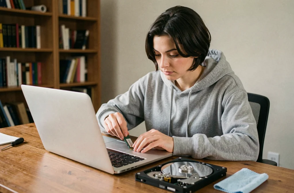 Femme installant un SSD dans un ordinateur portable avec un HDD ouvert posé sur un bureau en bois
