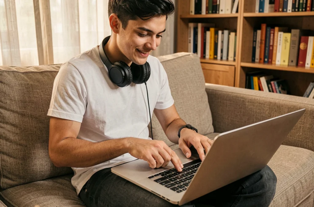 Jeune adulte découvrant des raccourcis clavier Word sur un canapé dans un salon décontracté