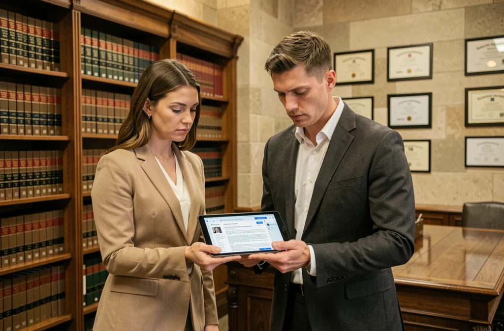 Deux personnes consultant un conseiller juridique sur la légalité de rechercher des profils sociaux à partir d'une photo en France