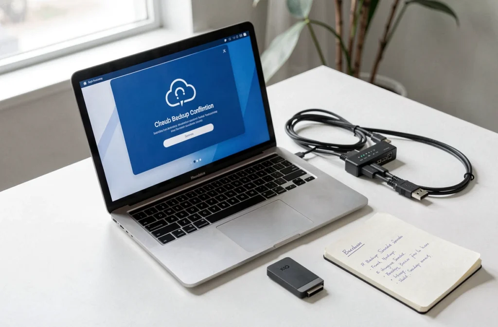 Matériel de sauvegarde informatique sur un bureau blanc incluant SSD portable, câbles USB et écran de confirmation de sauvegarde cloud