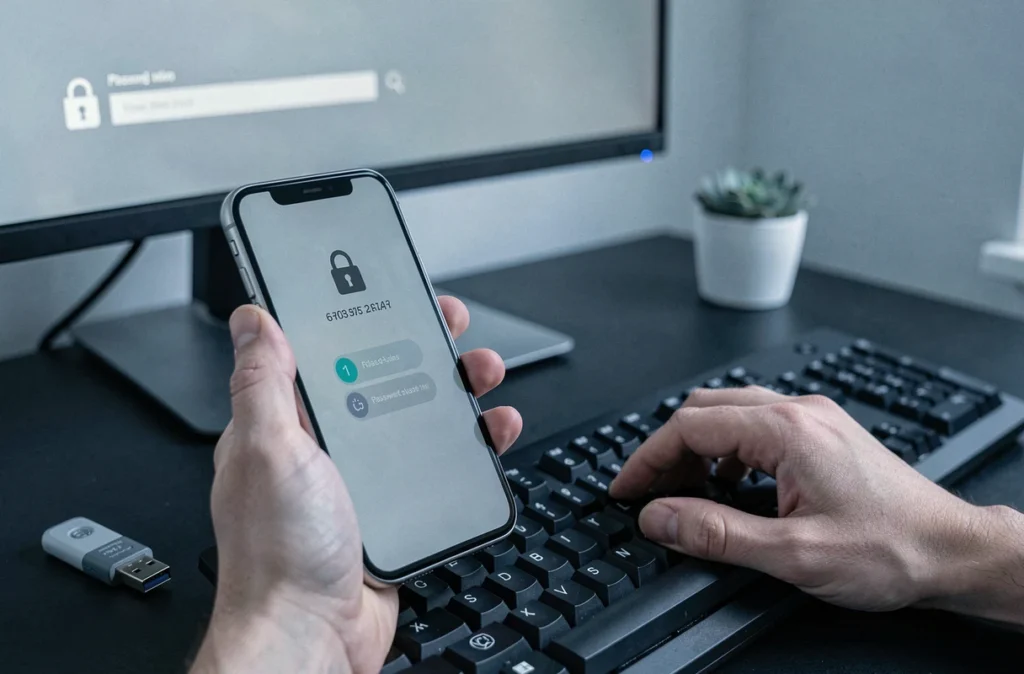 Mains tenant un smartphone affichant un mot de passe à usage unique pour sécuriser un accès numérique