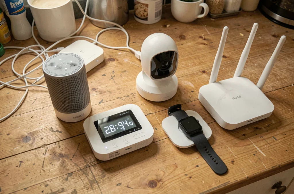 Ensemble d'objets connectés domestiques sur un plan de travail en bois illustrant les risques de sécurité IoT