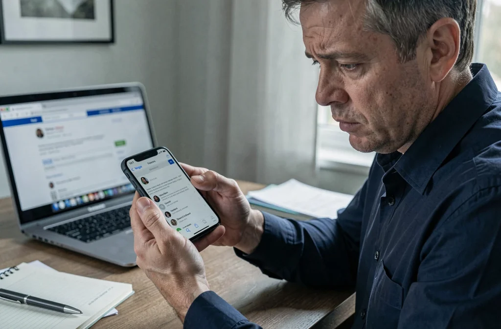 Homme au bureau tentant de résoudre un problème d'accès à sa messagerie AOL sur mobile