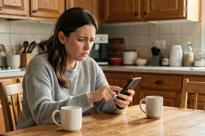 Femme frustrée essayant de lire ses emails AOL sur son smartphone sans succès