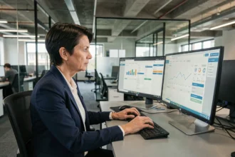 Professionnelle en cybersécurité analysant un tableau de bord de gestion des accès utilisateurs sur deux écrans dans un bureau moderne