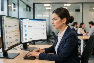 Professionnelle en informatique surveillant une sauvegarde de données sur ordinateur dans un bureau moderne