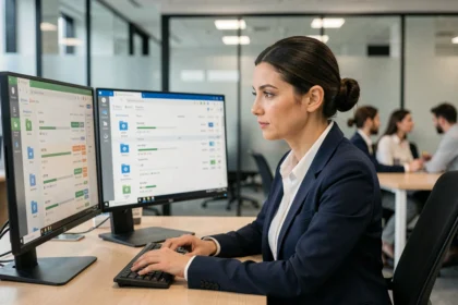 Professionnelle en informatique surveillant une sauvegarde de données sur ordinateur dans un bureau moderne