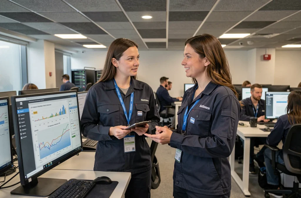 Deux professionnelles IT analysant des métriques de virtualisation de serveurs sur des écrans de monitoring