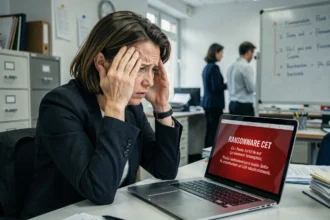 Cheffe d'entreprise stressée face à un écran affichant un message de ransomware dans un bureau de PME française