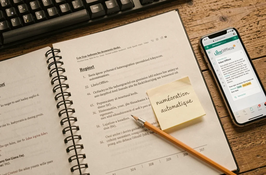 Vue en plongée d'un rapport imprimé avec numérotation des pages et notes manuscrites sur un bureau en bois