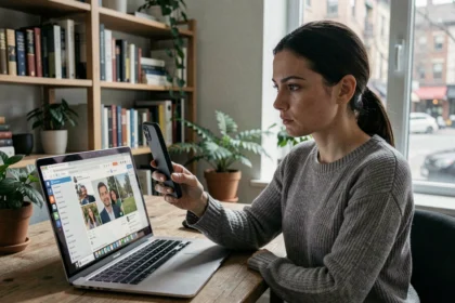 Femme effectuant une recherche inversée d'image sur son téléphone pour retrouver le profil social d'une personne
