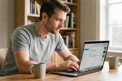 Un homme répare des marques-pages Firefox corrompus sur un ordinateur portable dans un bureau à domicile
