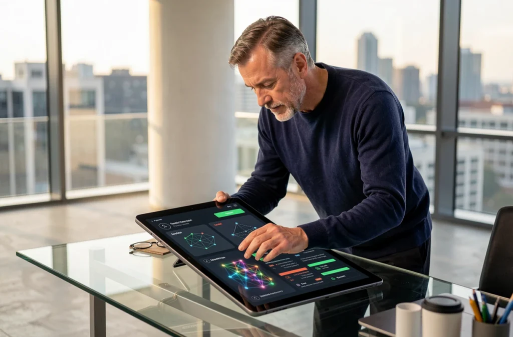 Responsable informatique analysant une interface d'intelligence artificielle pour la détection de cybermenaces sur tablette