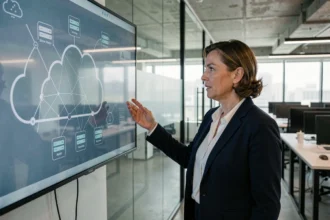 Responsable IT en entreprise expliquant l'architecture d'un cloud hybride sur un écran mural dans un bureau moderne