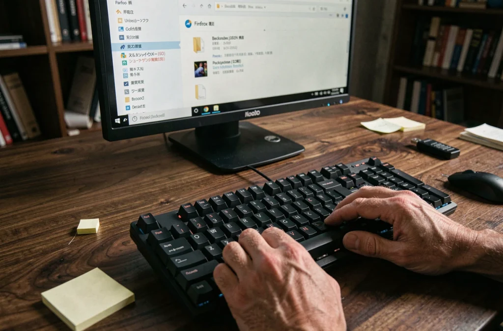 Des mains tapant sur un clavier lors de la restauration manuelle de marques-pages Firefox depuis un fichier de sauvegarde