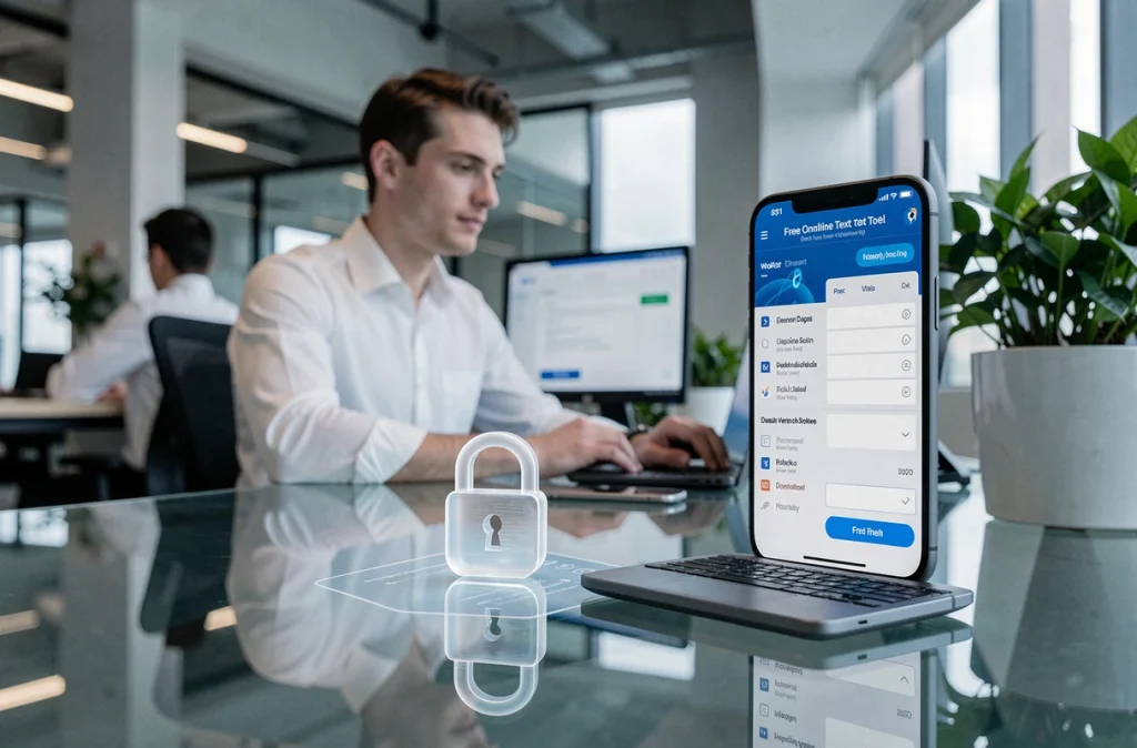 Smartphone affichant un reformulateur en ligne gratuit sur un bureau en verre dans un espace de coworking, évoquant les risques pour la confidentialité des données