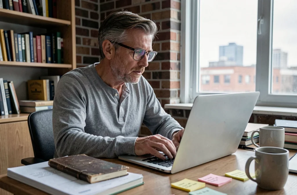 Homme saisissant un code d'authentification à deux facteurs sur son ordinateur portable dans un bureau à domicile